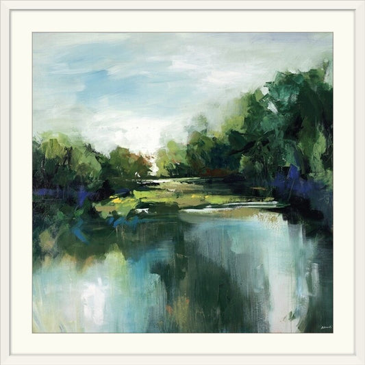 Tranquil Landscape Oil Painting with Reflective Water and Lush Greenery
