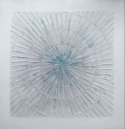 Elegant Abstract Oil Painting of Fireworks in Soft Blue and White Tones