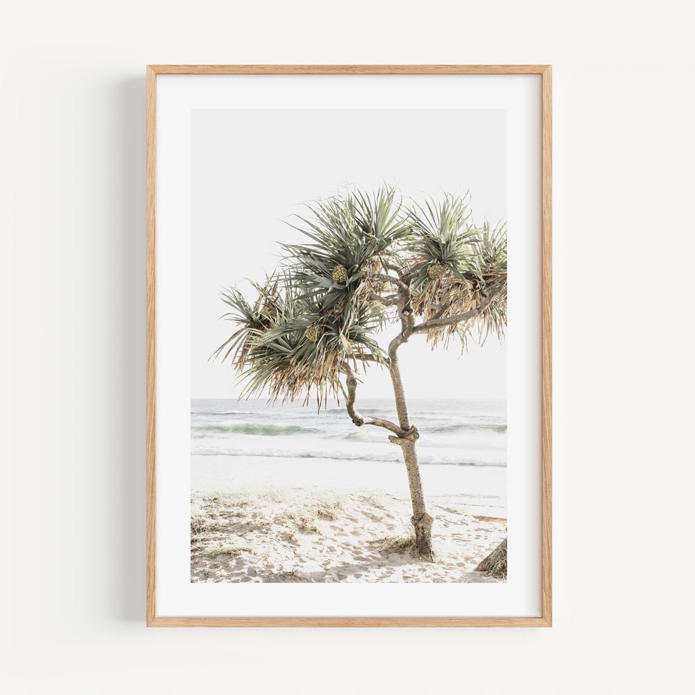 Serene Beach Landscape with Pandanus Tree – Coastal Oil Painting for Home Decor