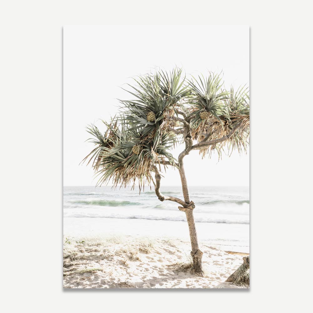 Serene Beach Landscape with Pandanus Tree – Coastal Oil Painting for Home Decor