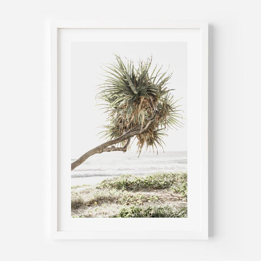 Coastal Serenity: Lush Pandanus Tree Against Tranquil Ocean Landscape Oil Painting