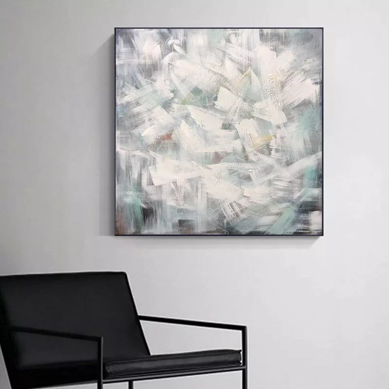 Calming Abstract Oil Painting in Soft White and Muted Green Tones for Modern Decor