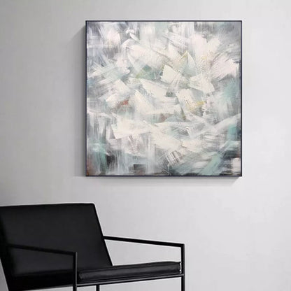 Calming Abstract Oil Painting in Soft White and Muted Green Tones for Modern Decor