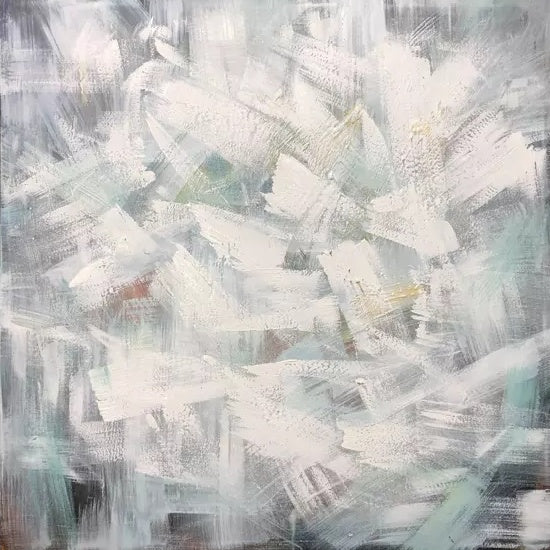 Calming Abstract Oil Painting in Soft White and Muted Green Tones for Modern Decor