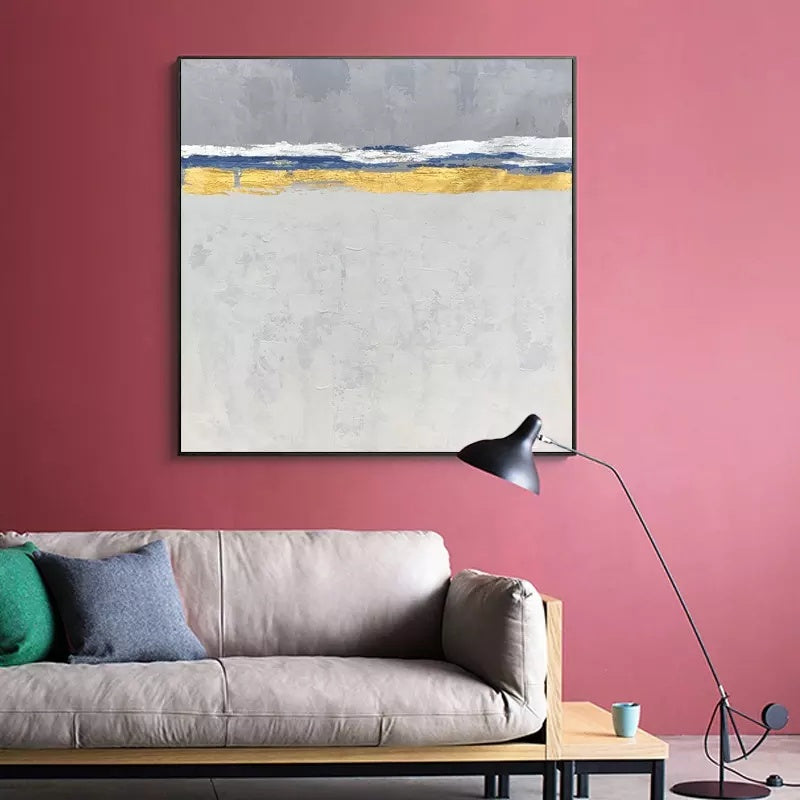 Serene Coastal Abstraction with Gold Accents for Elegant Home Decor
