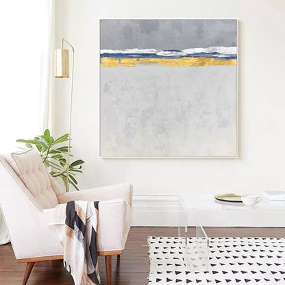 Serene Coastal Abstraction with Gold Accents for Elegant Home Decor