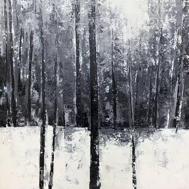 Serene Winter Landscape Oil Painting with Frosty Trees and White Snow
