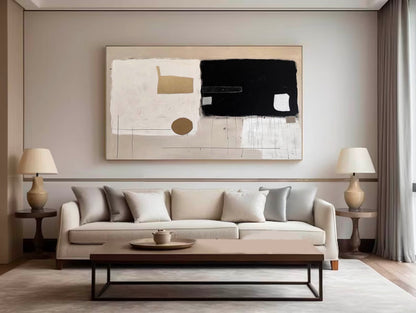 Contemporary Minimalist Abstract Oil Painting in Black, White, and Earth Tones