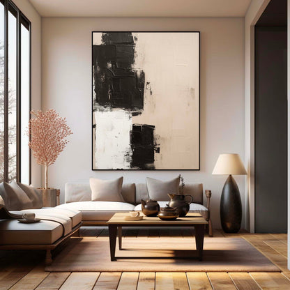 Elegant Minimalist Abstract Oil Painting in Black and White Textures