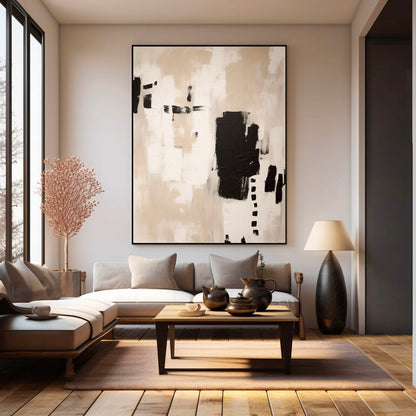 Contemporary Minimalist Black and White Abstract Oil Painting for Modern Interiors