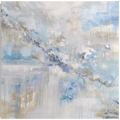 Celestial Abstract Oil Painting in Soothing Blue and White Hues for Elegant Home Decor