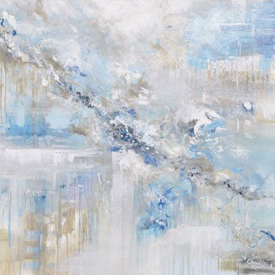 Celestial Abstract Oil Painting in Soothing Blue and White Hues for Elegant Home Decor