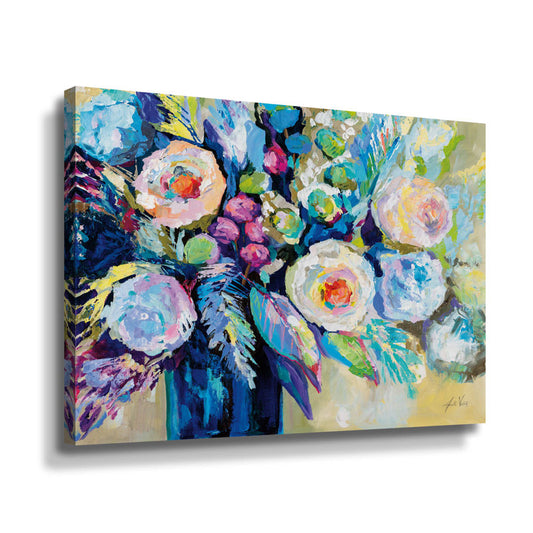 Vibrant Floral Arrangement in Blues and Pastels - Stunning Oil Painting