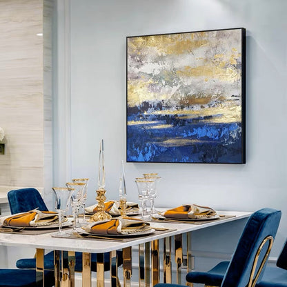 Serene Sea Sunset: Abstract Gold and Blue Oil Painting for Elegant Decor