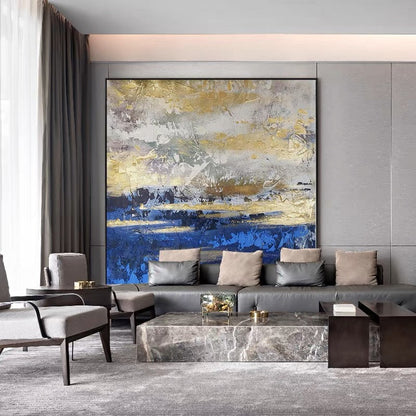 Serene Sea Sunset: Abstract Gold and Blue Oil Painting for Elegant Decor