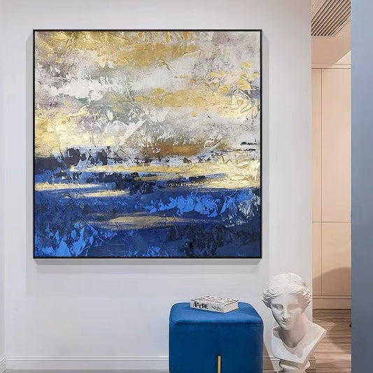 Serene Sea Sunset: Abstract Gold and Blue Oil Painting for Elegant Decor