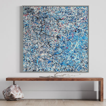 Vibrant Blue Abstract Oil Painting with Energetic Swirls and Textures