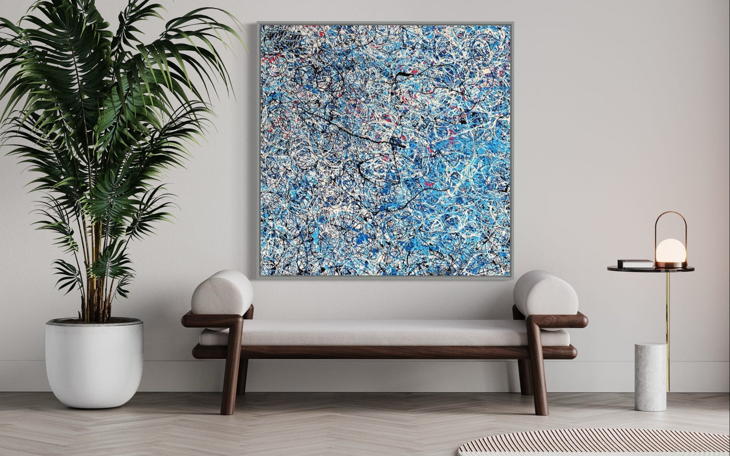 Vibrant Blue Abstract Oil Painting with Energetic Swirls and Textures