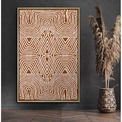 Modern Tribal Geometric Line Art - Symmetrical Minimalist Oil Painting in Warm Tones