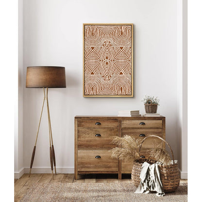Modern Tribal Geometric Line Art - Symmetrical Minimalist Oil Painting in Warm Tones
