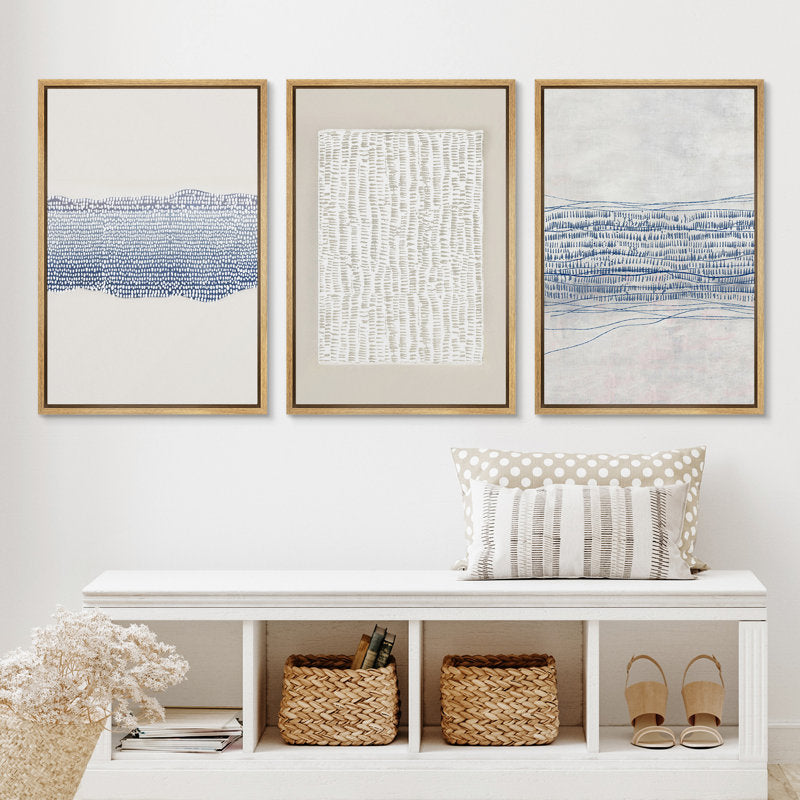 Modern Blue Abstract Geometric Triptych Canvas Art for Contemporary Home Decor