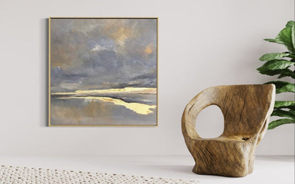 Serene Coastal Landscape Oil Painting with Soft Earthy Tones
