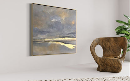 Serene Coastal Landscape Oil Painting with Soft Earthy Tones