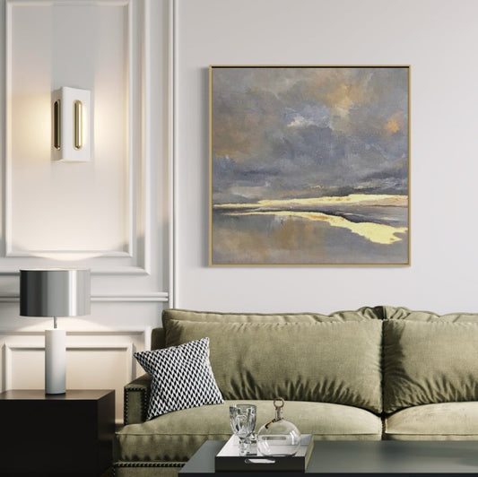 Serene Coastal Landscape Oil Painting with Soft Earthy Tones