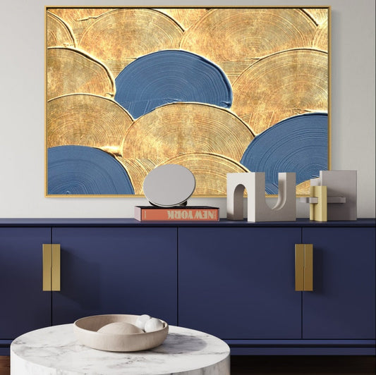 Elegant Blue and Gold Abstract Oil Painting for Contemporary Home Decor