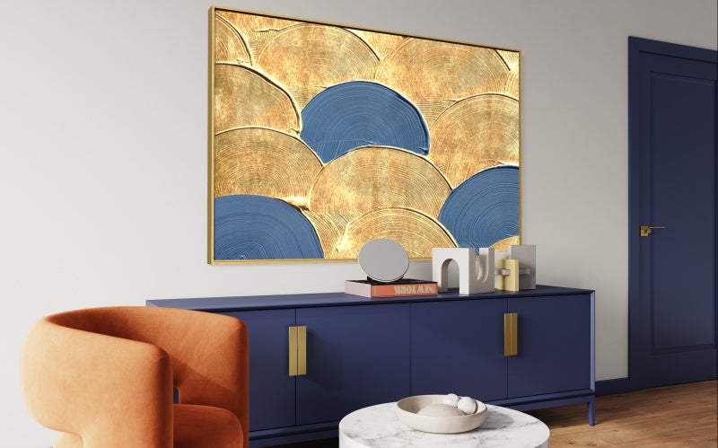 Elegant Blue and Gold Abstract Oil Painting for Contemporary Home Decor