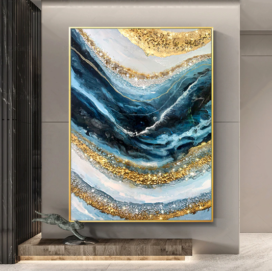 Elegant Blue Waves with Gold Accents Oil Painting for Modern Home Décor