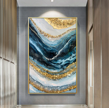 Elegant Blue Waves with Gold Accents Oil Painting for Modern Home Décor