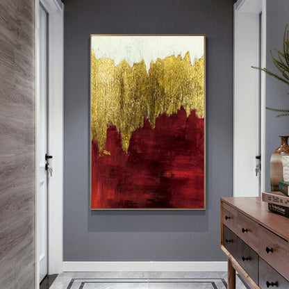 Abstract Oil Painting in Gold and Red - Elegant Wall Art for Modern Decor