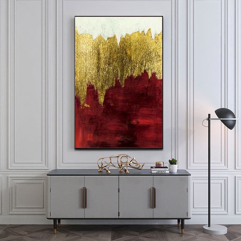 Abstract Oil Painting in Gold and Red - Elegant Wall Art for Modern Decor