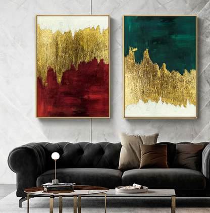 Abstract Oil Painting in Gold and Red - Elegant Wall Art for Modern Decor