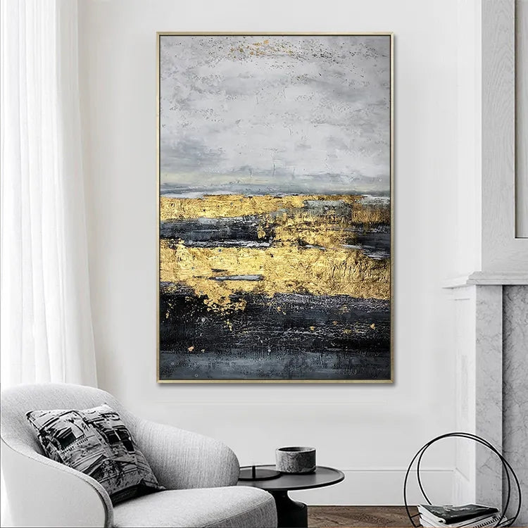 Abstract Landscape in Gold and Black Oil Painting for Elegant Home Decor