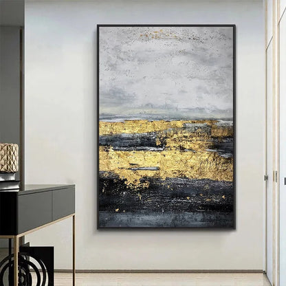 Abstract Landscape in Gold and Black Oil Painting for Elegant Home Decor