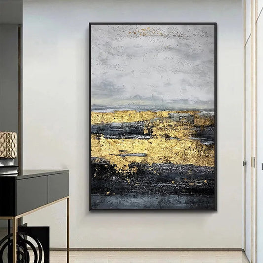Abstract Landscape in Gold and Black Oil Painting for Elegant Home Decor