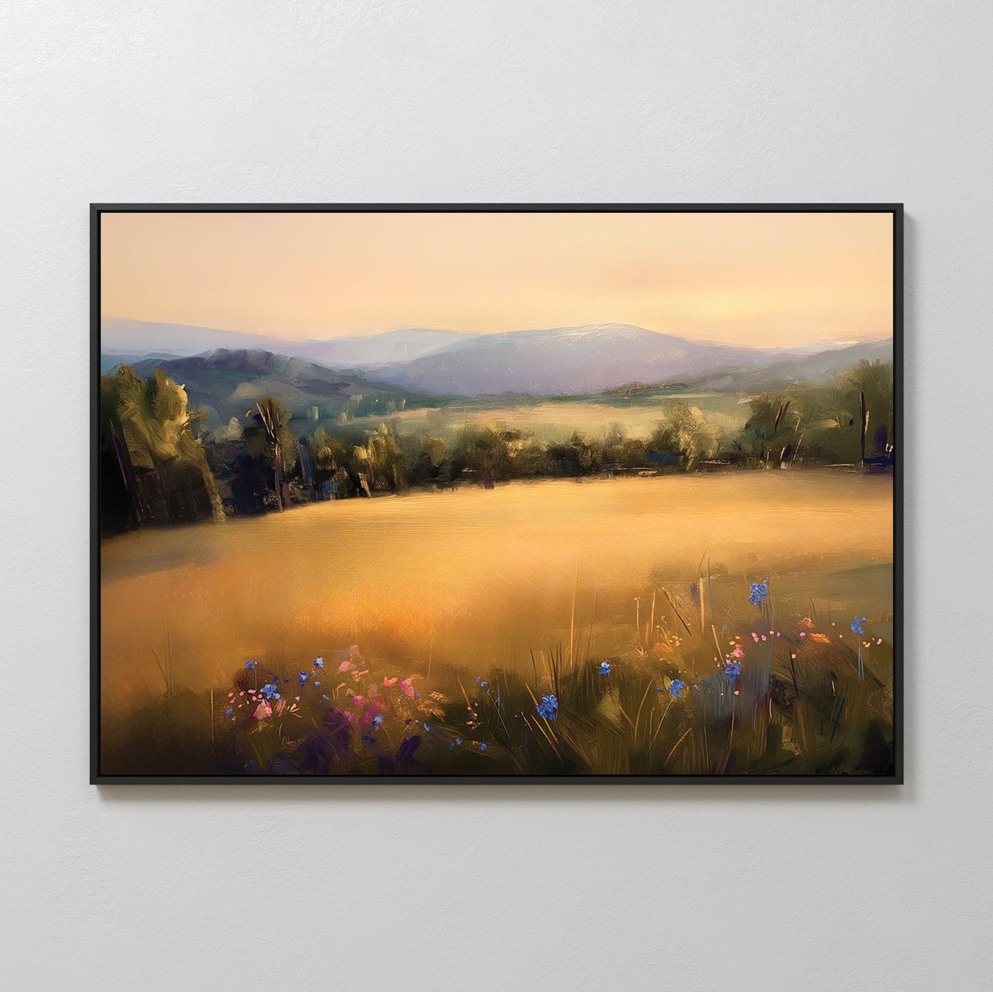 Sunlit Landscape Oil Painting with Golden Fields and Vibrant Flowers