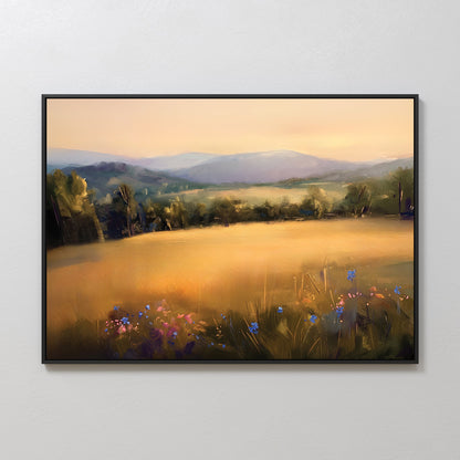 Sunlit Landscape Oil Painting with Golden Fields and Vibrant Flowers