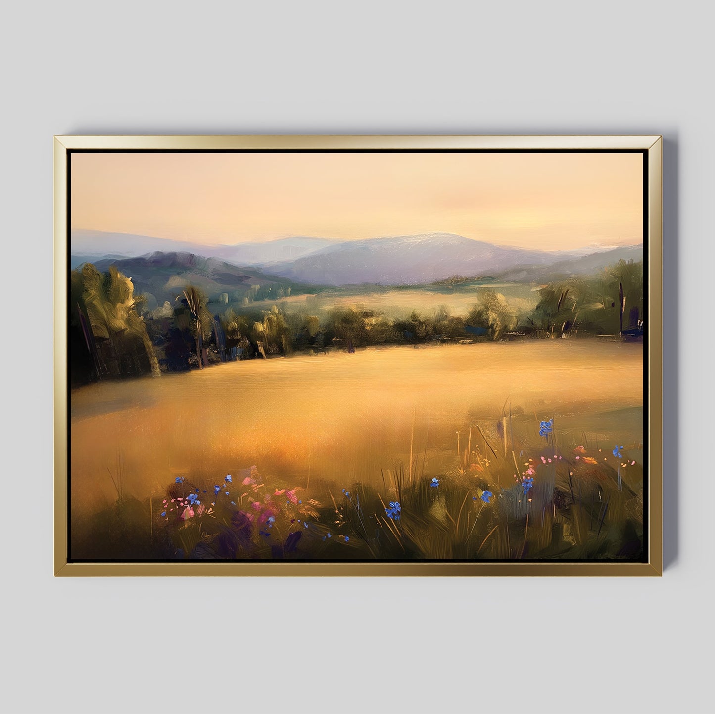 Sunlit Landscape Oil Painting with Golden Fields and Vibrant Flowers