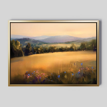 Sunlit Landscape Oil Painting with Golden Fields and Vibrant Flowers