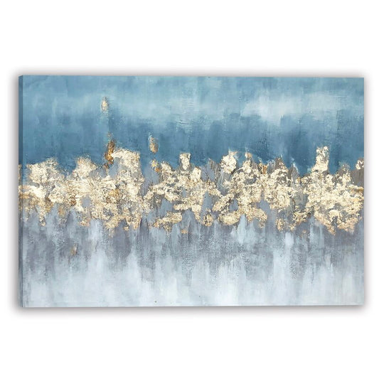 Elegant Blue and Gold Abstract Oil Painting on Wrapped Canvas