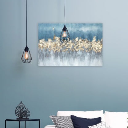 Elegant Blue and Gold Abstract Oil Painting on Wrapped Canvas