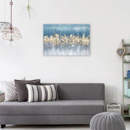 Elegant Blue and Gold Abstract Oil Painting on Wrapped Canvas