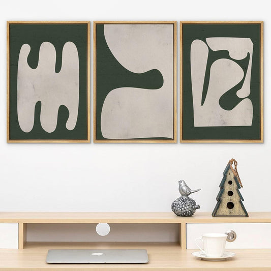 Modern Minimalist Green Polygon Art Deco Framed Triptych Canvas Painting