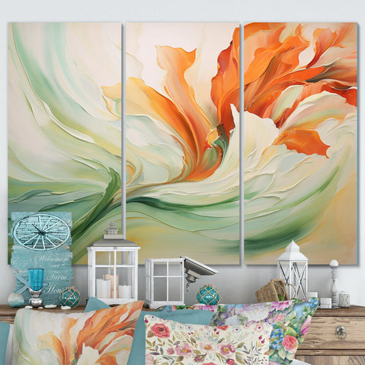 Vibrant Green and Orange Floral Triptych Oil Painting for Modern Decor