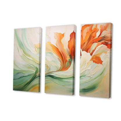 Vibrant Green and Orange Floral Triptych Oil Painting for Modern Decor