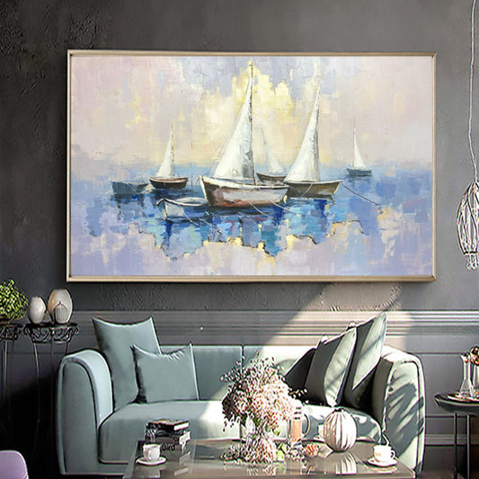 Sailing Serenity: Tranquil Oil Painting of Boats on a Blue Sea