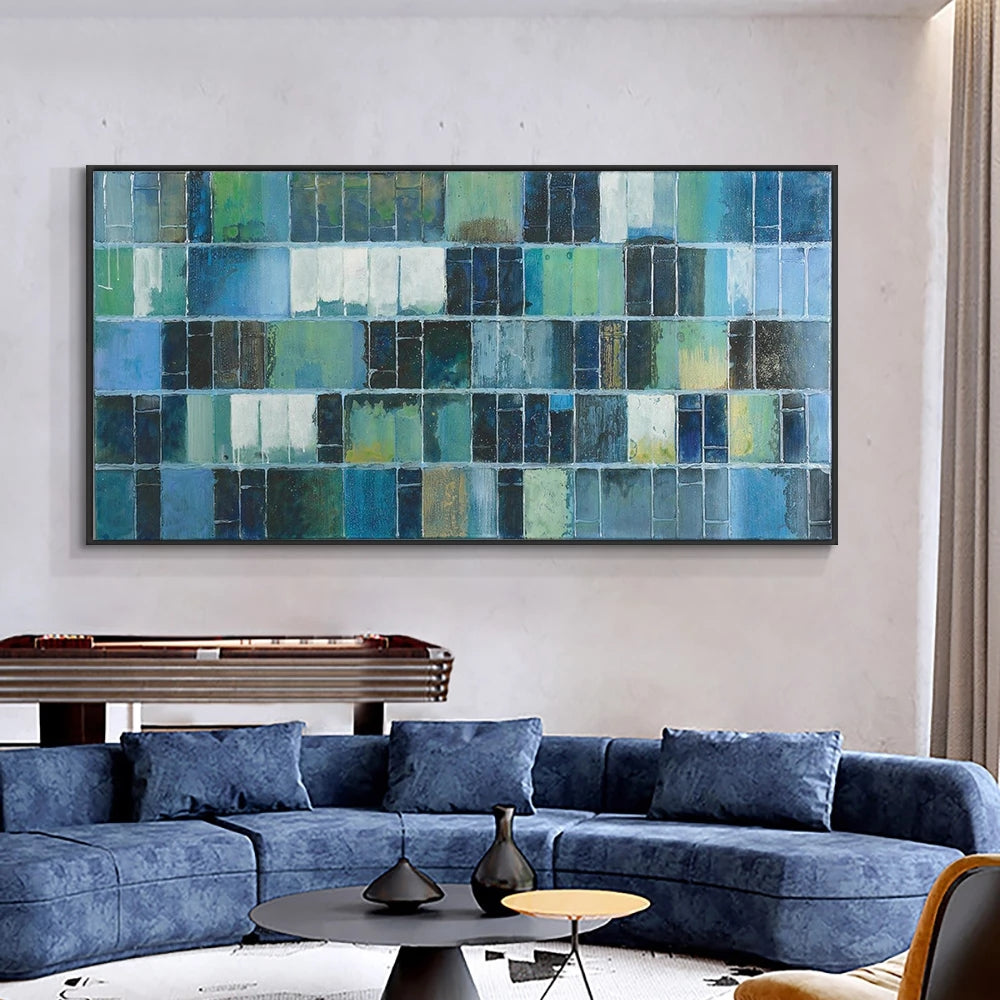 Abstract Blue and Green Tunnel Oil Painting for Modern Home Decor